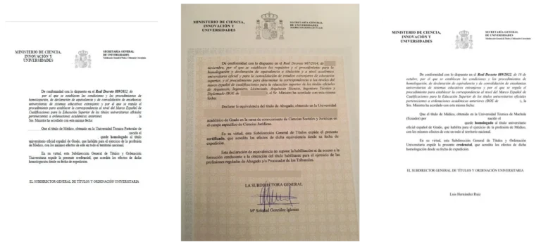 Equivalency documents for Spain