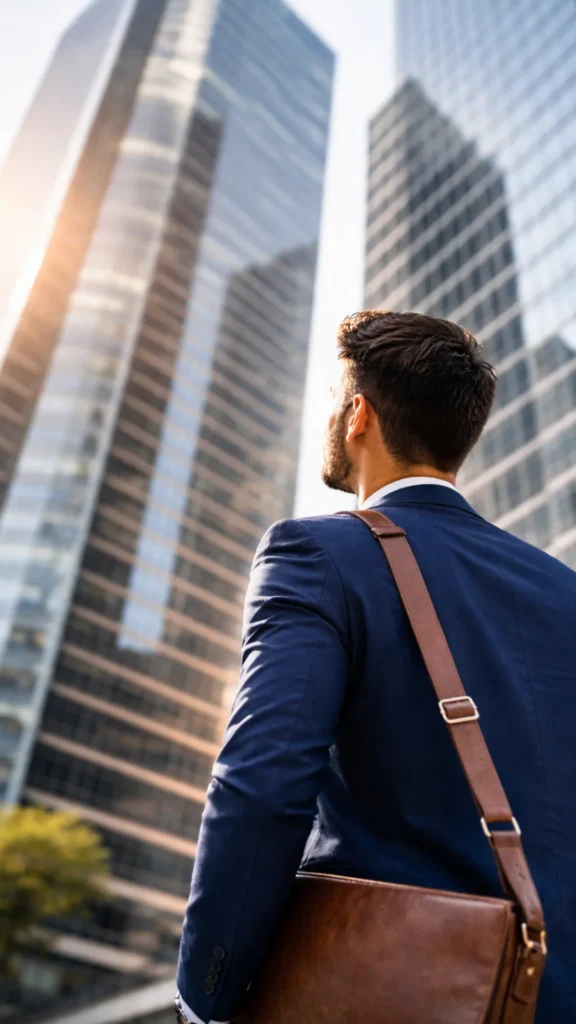 ECOTEC graduate executive in front of skyscrapers in a global corporate setting