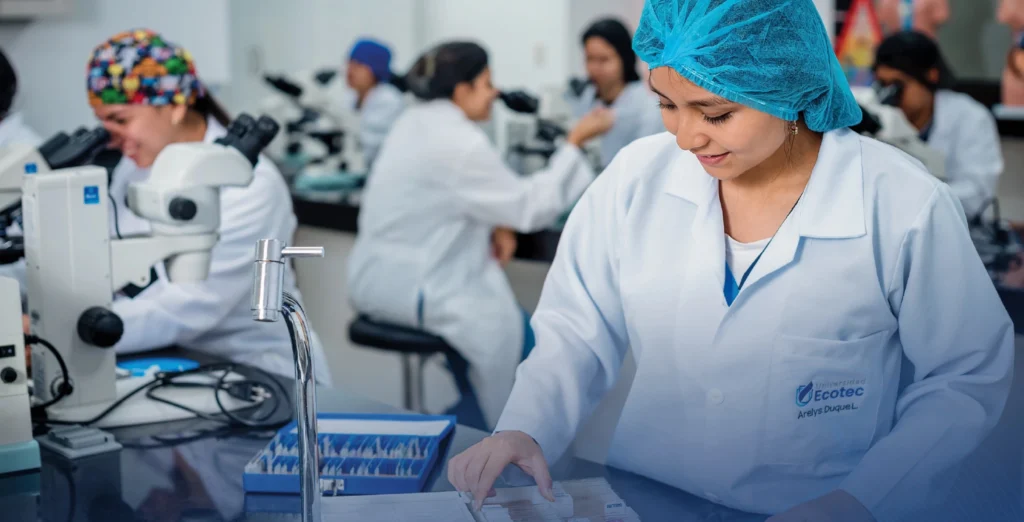 Estudiantes de ECOTEC trabajan con microscopios en el laboratorio de ciencias